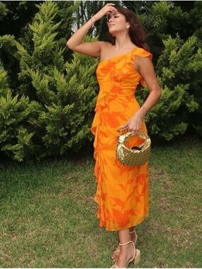 Taylor One-Shoulder Orange Floral Ruffle Midi Dress
